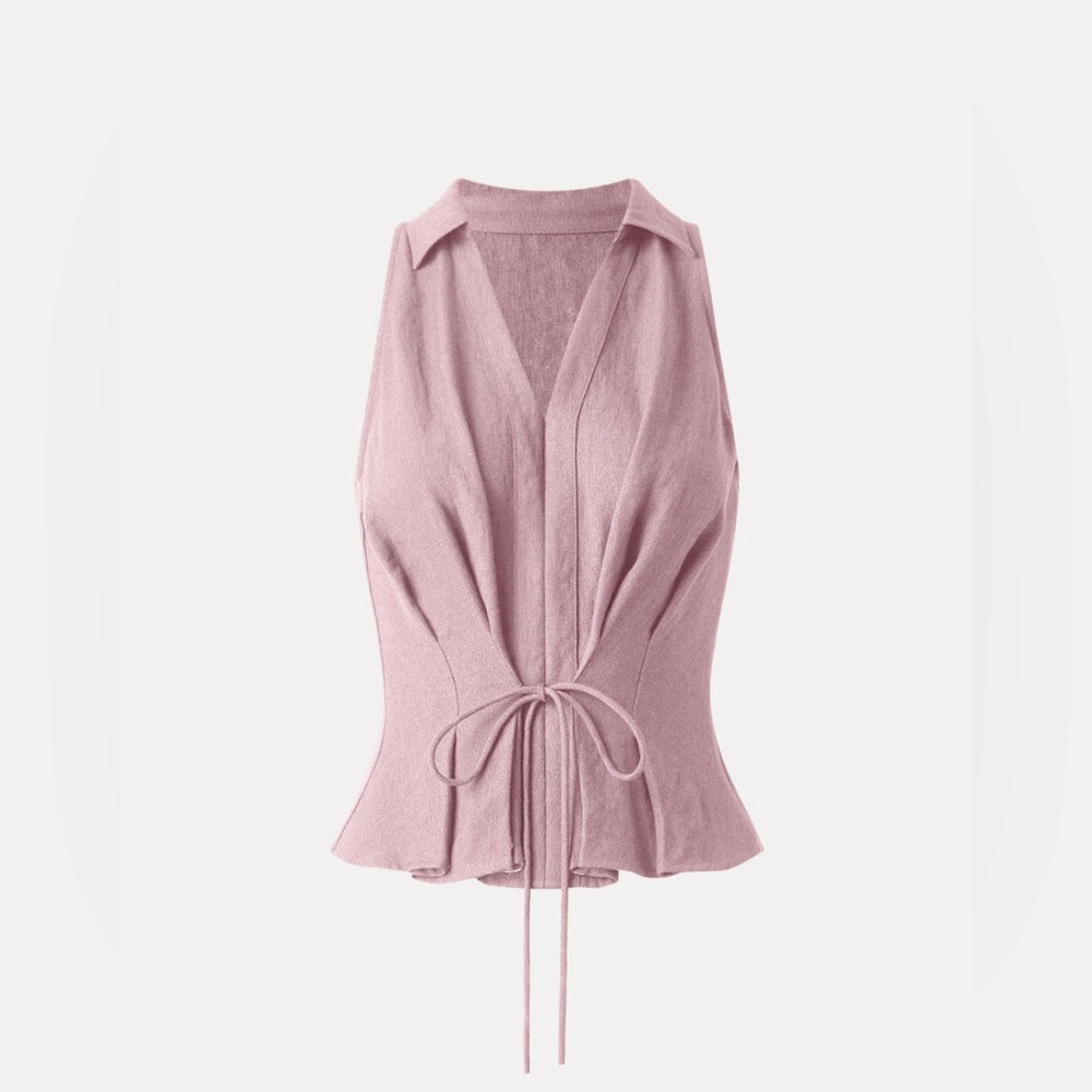 OGL Collared Vneck Pleated Sleeveless Top with Drawstring, Soft Pink size Small